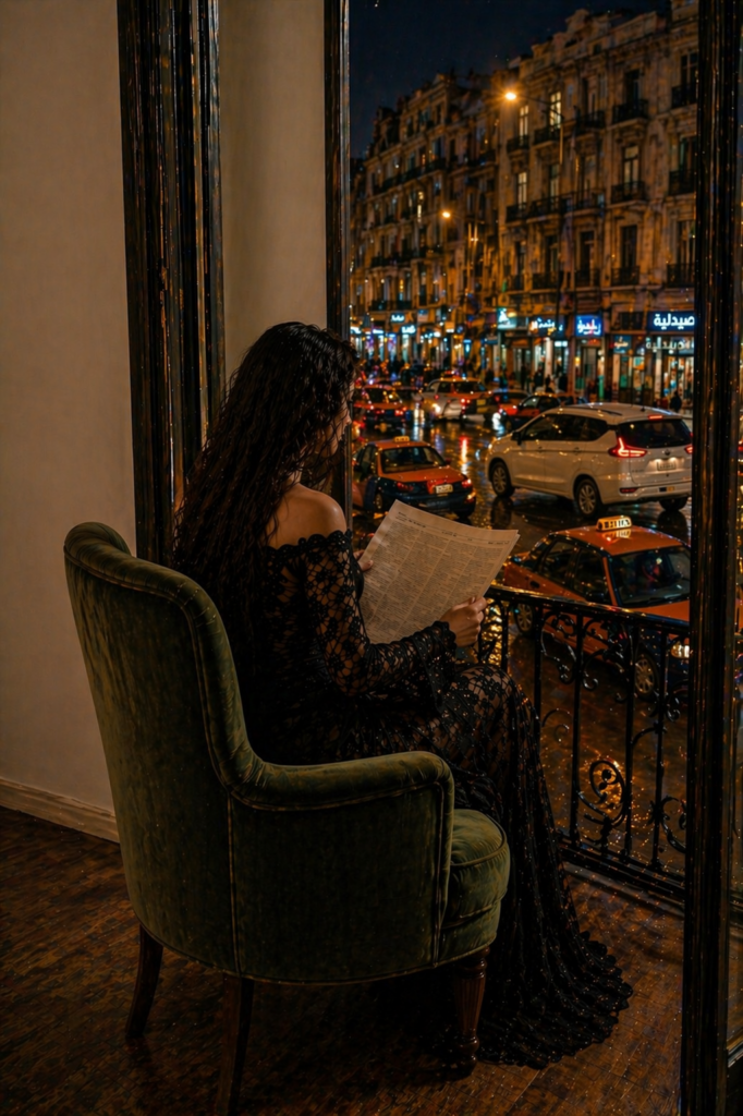 kobieta siedząca przy oknie nocą i czytająca gazetę – klimat refleksji i nocnych myśli